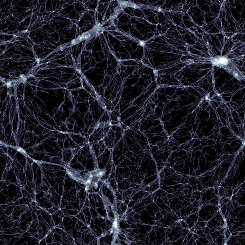 Imagem gerada pela simulação illustris. Ela mostra a distribuição da matéria escura, com uma largura e uma altura de 350 milhões de anos-luz 