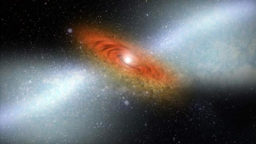 Nessa concepção artística, vento galáctico aquecido é mostrado emanando do quasar brilhante na borda de um buraco negro, espalhando poeira e gás. Sem o vento, a poeira e gás esfriariam e condensariam, começando a formar estrelas