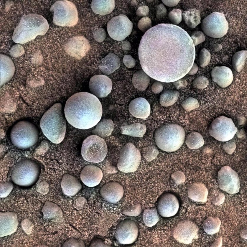 Pequenas pedras esféricas agrupadas em 6 centímetros quadrados da superfície marciana, capturadas pela Opportunity