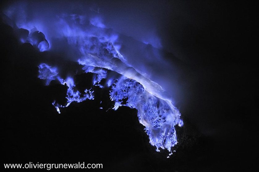 Typical blue flames of sulfuric gaz Kawah Ijen