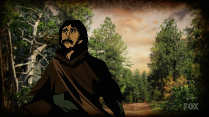 O primeiro episódio conta a trágica história de Giordano Bruno que foi queimado pela Igreja Católica por suas crenças a respeito do modelo heliocentrico