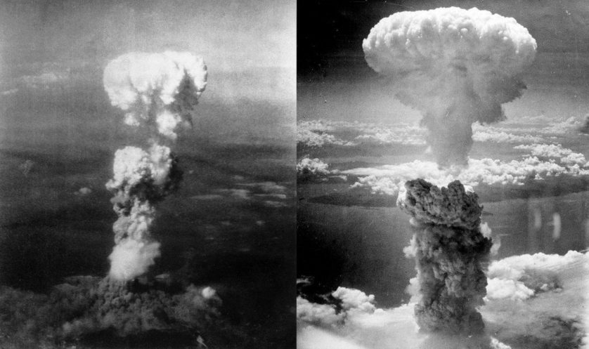 Vista aérea de Little Boy (à esquerda) e Fat Man (à direita) sobre Hiroshima e Nagasaki, respectivamente. A Segunda Guerra Mundial terminou pouco tempo depois das detonações