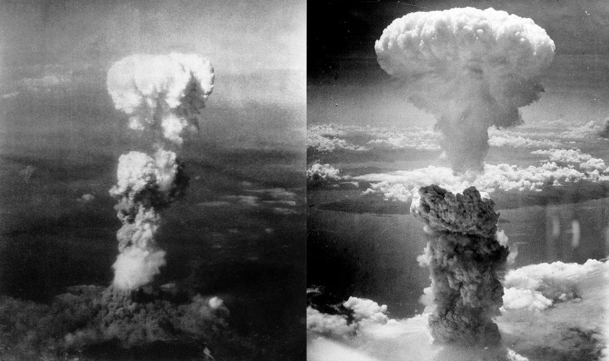 Vista aérea de Little Boy (à esquerda) e Fat Man (à direita) sobre Hiroshima e Nagasaki, respectivamente