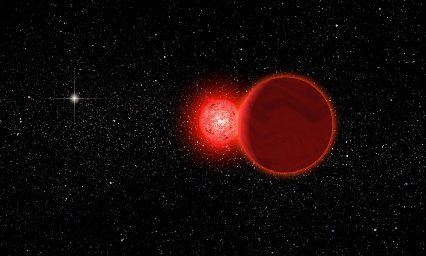 Concepção artística da estrela de Scholz e sua companheira anã marrom (em primeiro plano) durante o seu voo pelo sistema solar 70 mil anos atrás. O Sol aparece à esquerda, ao fundo.