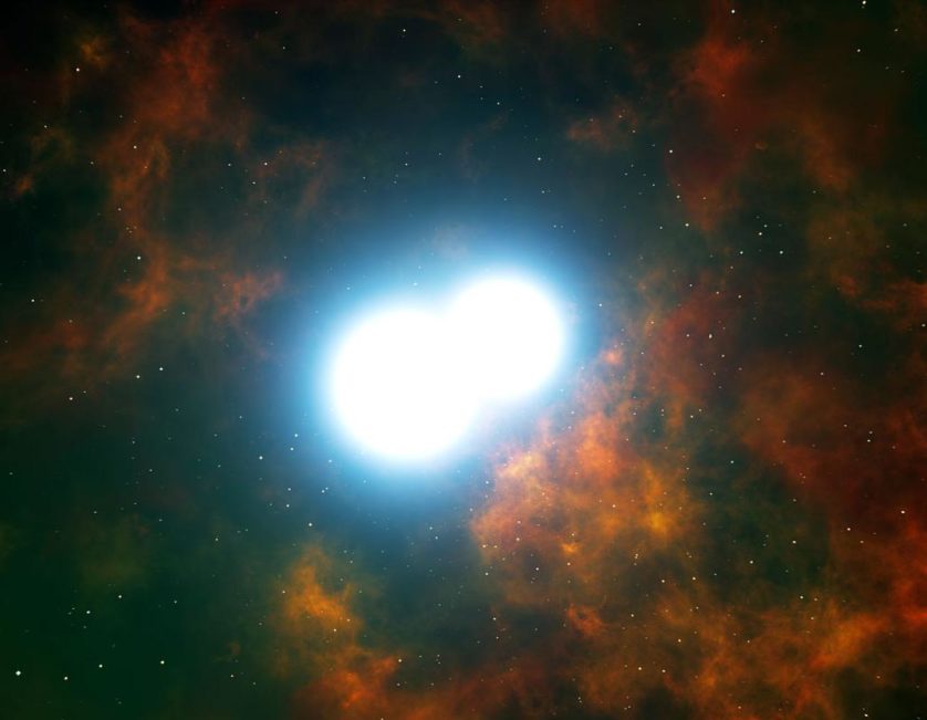 Ilustração que mostra as duas anãs brancas colidindo para se tornarem uma supernova