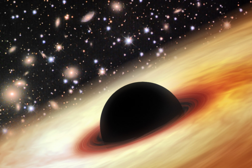 Impressão artística do quasar com um buraco negro supermassivo no universo distante