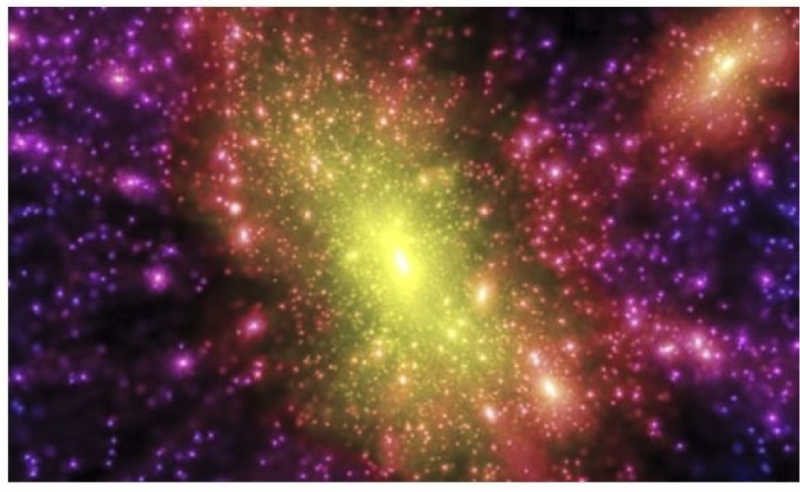 Simulação por computador de uma galáxia, com a matéria escura colorizada para torná-la visível