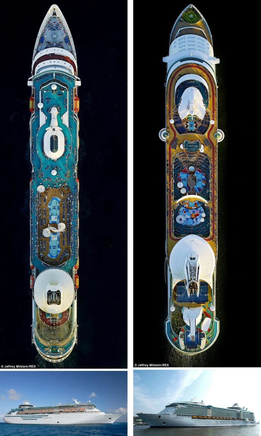 Os navios Majesty of the Seas e Freedom of the Seas, da Royal Caribbean, fotografados de cima e de lado.