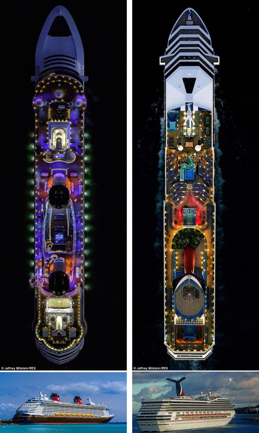 O navio de cruzeiro Disney Dream é radiante no mar, com um belo jogo de iluminação. À direita está o The Carnival Victory, que pode levar 2.754 pessoas e é uma visão impressionante à noite 