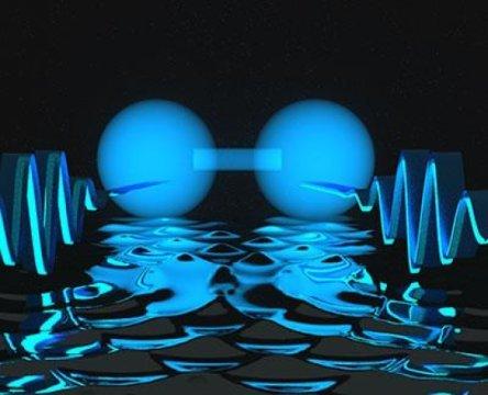 Pesquisadores mostram que dois fótons, representados na imagem a cima como ondas (esquerda e direita), podem ser bloqueados a uma curta distância. E sob certas condições, eles podem formar um estado semelhante a uma molécula de dois átomos, representada como a forma de haltere azul no centro.