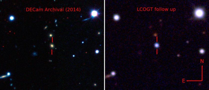 À esquerda, a galáxia está destacada, à direita a supernova ofusca a galáxia.