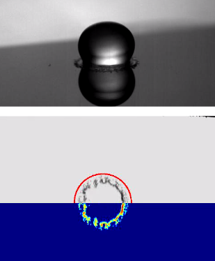 Na segunda imagem, a gota de etanol cai em uma superfície a 180° C. A cor da imagem inferior mostra que partes da gota já não tocam a superfície. 