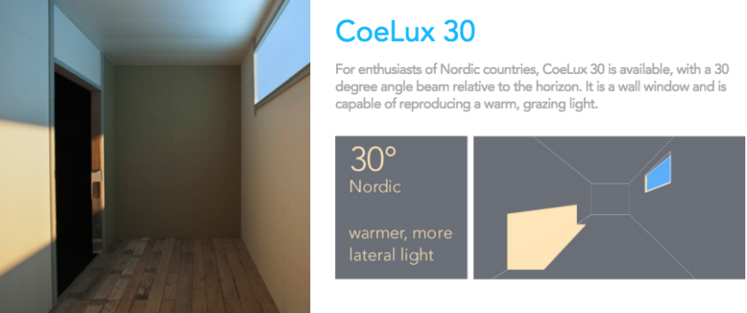 raios em ângulo de 30 graus, imitando a luz solar lateral de países Nórdicos (neste caso é necessário que seja instalada na parede, e não no teto)