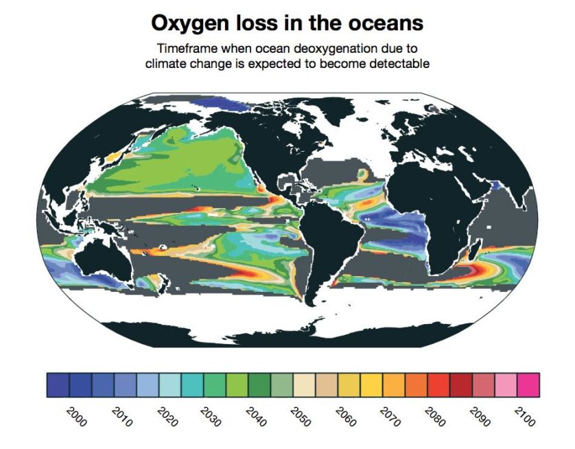 Mapa criado pelos pesquisadores mostra que regiões em azul já sentem diferença na oxigenação das águas, e que a imensa área verde deve enfrentar o problema no futuro próximo