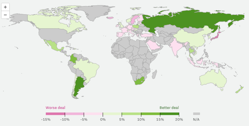 mapa paises onde o dolar vale mais