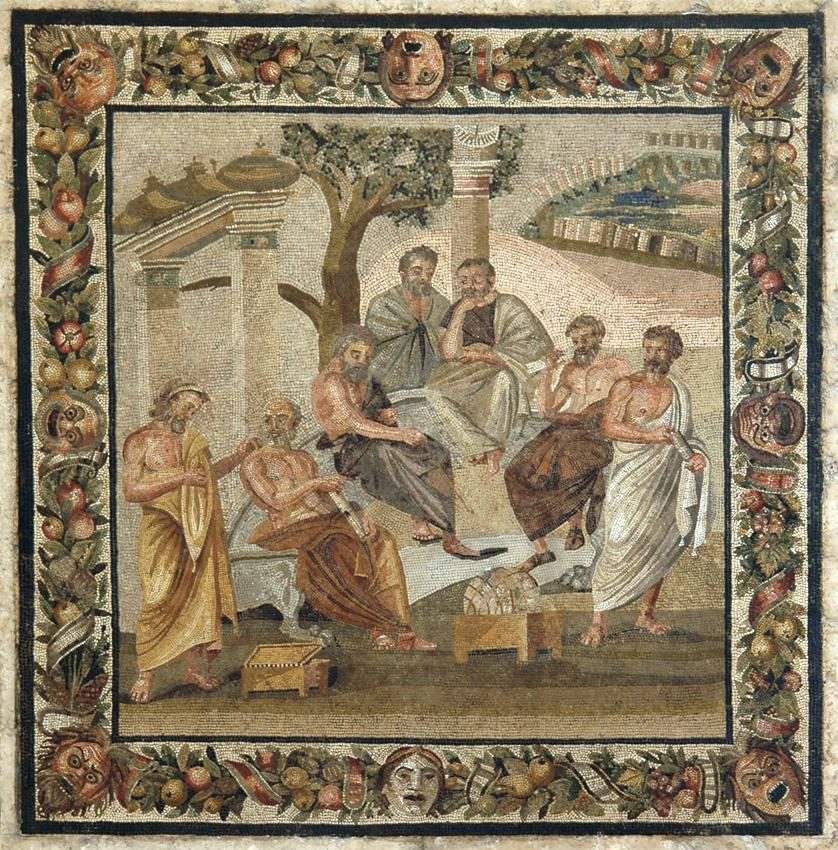 Platos academy. Mosaic from Pompeii (Villa of T. Siminius Stephanus). Second style. Early 1st century B.C. Inv. No. 124545. Naples, National Archaeological Museum.