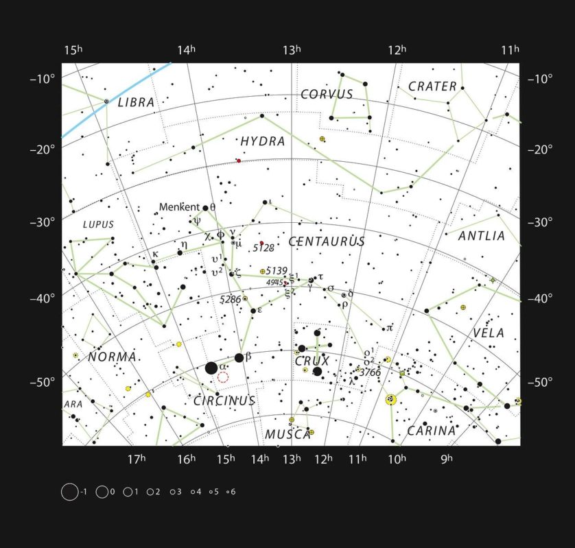 Mapa estelar mostrando a localização das estrelas da constelação do Centauro
