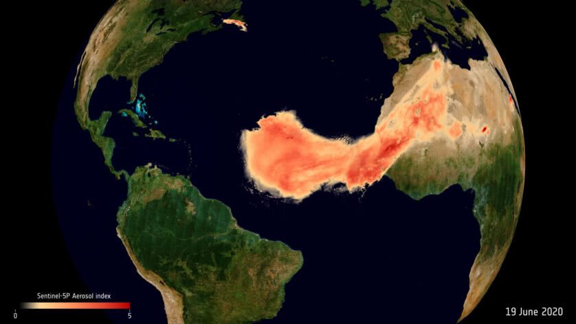 A nuvem de poeira do Saara em Direção a Amazônia fotografada do espaço