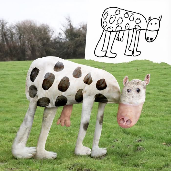 Vaca desenhada por uma criança e transformada em realidade por photoshop