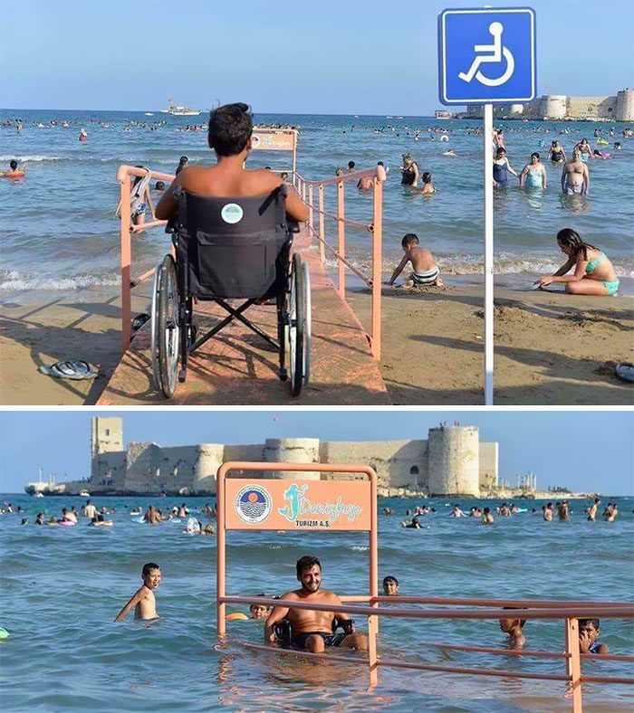 Uma praia na Turquia com rampa para que cadeirantes possam desfrutar da água com segurança sem assistência