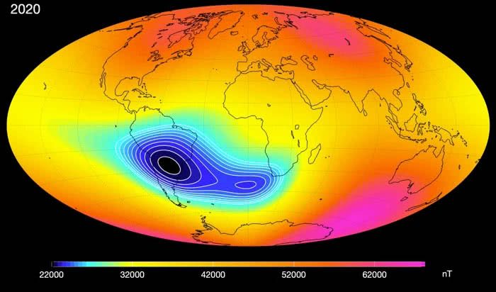 campo magnetico enfraquecido da terra na anomalia atlantico sul