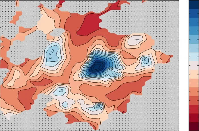 Mapa de radar de regiões com agua liquida em marte